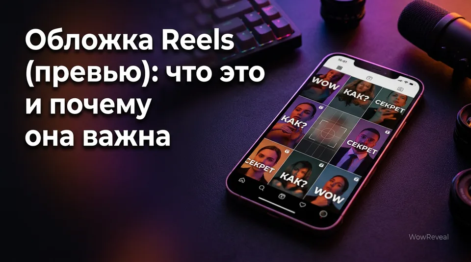 Телефон с сеткой профиля из обложек Reels и направляющими обрезки