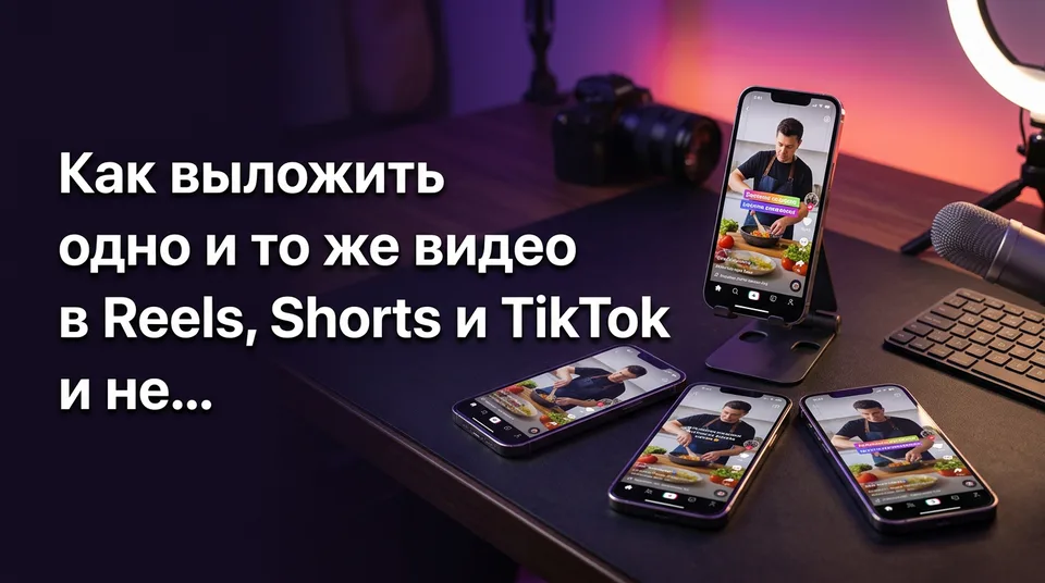 Четыре телефона с одним вертикальным видео: публикация в Reels, Shorts и TikTok