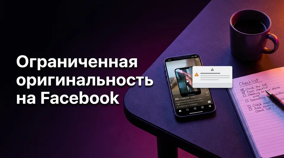 Телефон с вертикальным видео и уведомлением об ограниченной оригинальности на Facebook на рабочем столе автора