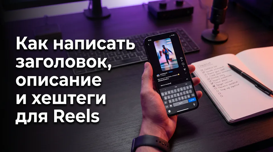 Телефон с вертикальным видео и полем для описания и хештегов Reels