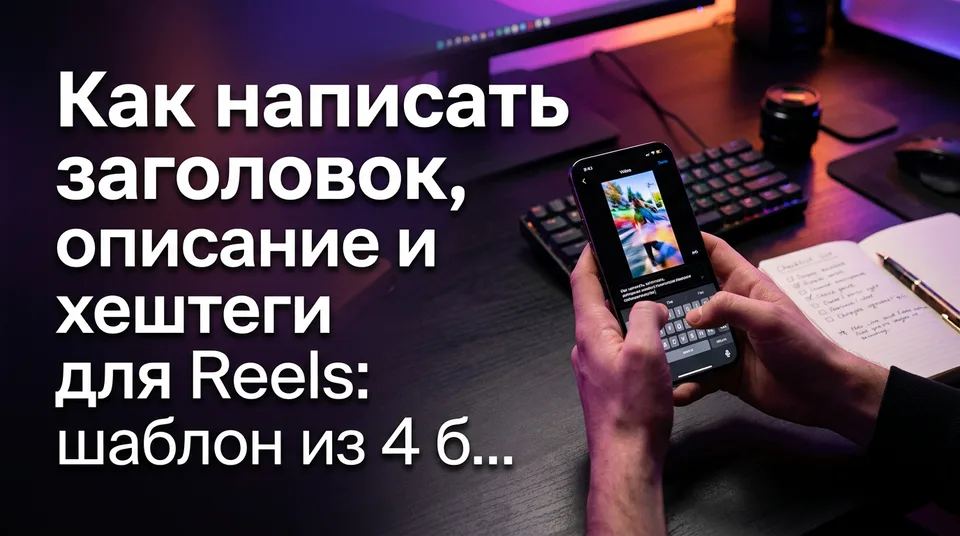 Телефон с вертикальным видео и полем для описания и хештегов Reels