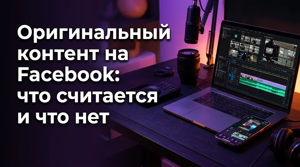 Телефон с вертикальным роликом и исходники на столе: оригинальный контент Facebook для монетизации