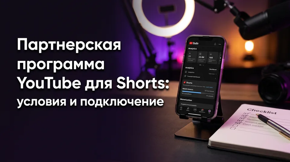 Смартфон с вертикальным видео и чек-лист условий партнерской программы YouTube Shorts
