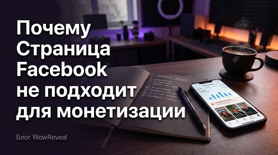 Телефон с предупреждением и чек-лист: почему Facebook страница не подходит для монетизации