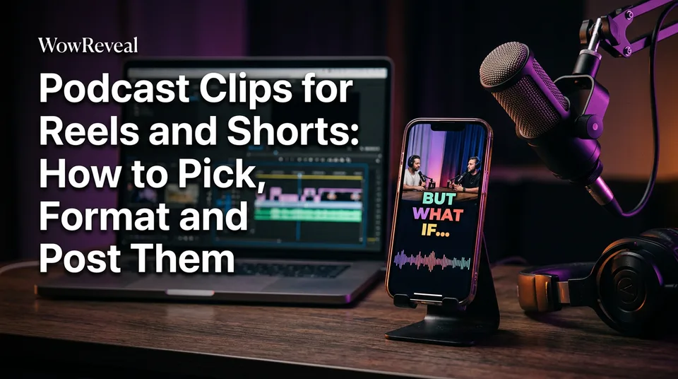 Phone showing vertical podcast clips for reels beside a studio microphone