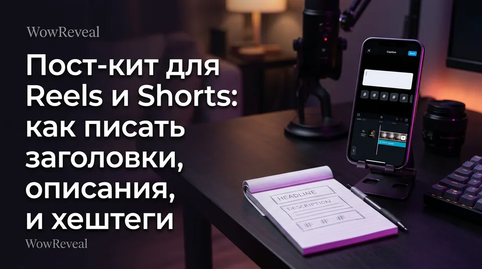 Телефон с вертикальным видео и полем подписи: заголовок, описание и хештеги для Reels