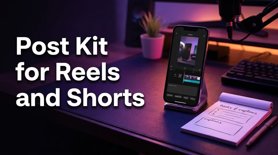 Phone with a vertical video and caption field showing reels titles, descriptions and hashtags
