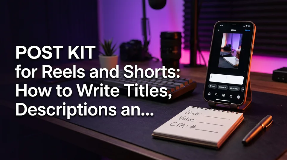 Phone with a vertical video and caption field showing reels titles, descriptions and hashtags
