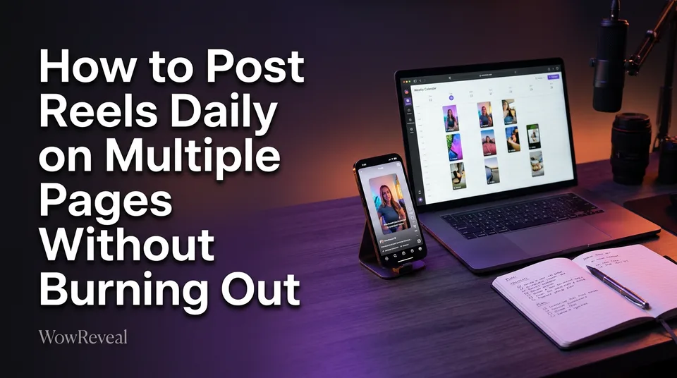 Weekly calendar of vertical videos showing how to post reels daily on multiple pages