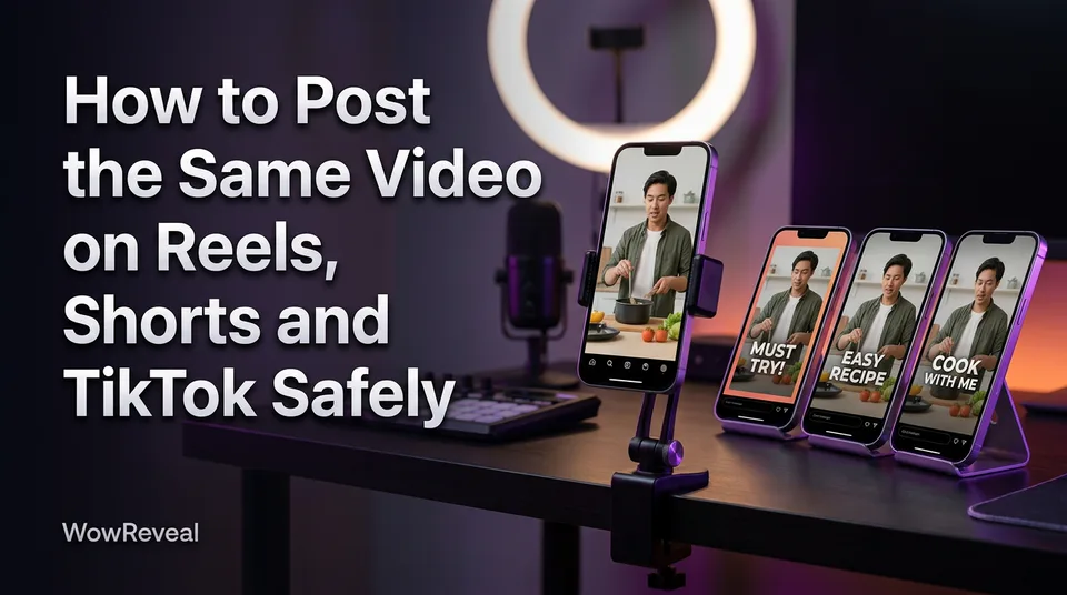 Four phones showing one vertical video to post same video on Reels, Shorts and TikTok