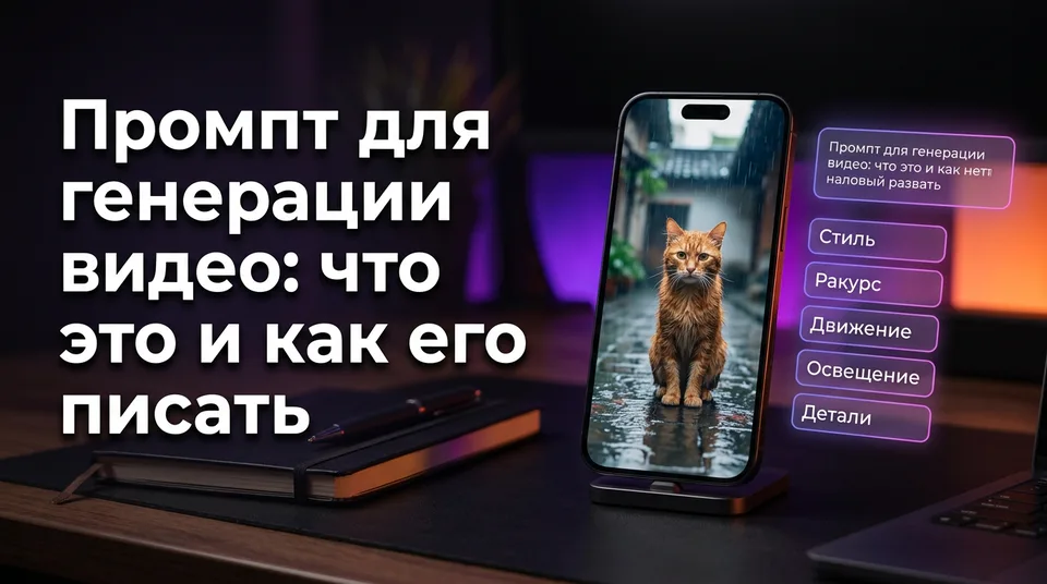 Смартфон с вертикальным кадром и блоками промпта для генерации видео