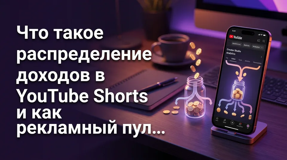 Телефон с вертикальным видео рядом с общим пулом — иллюстрация распределения доходов в YouTube Shorts