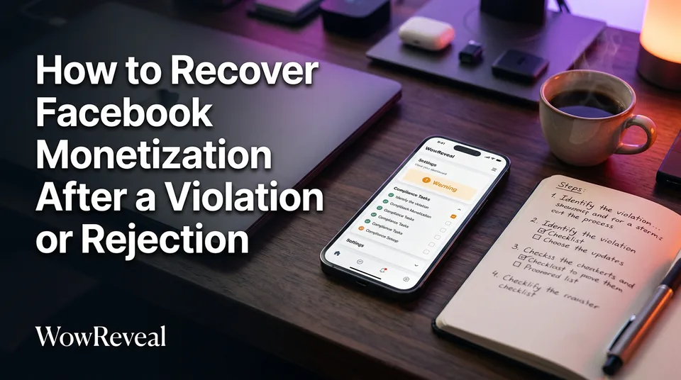 Phone showing a policy warning next to a checklist to recover Facebook monetization after a violation