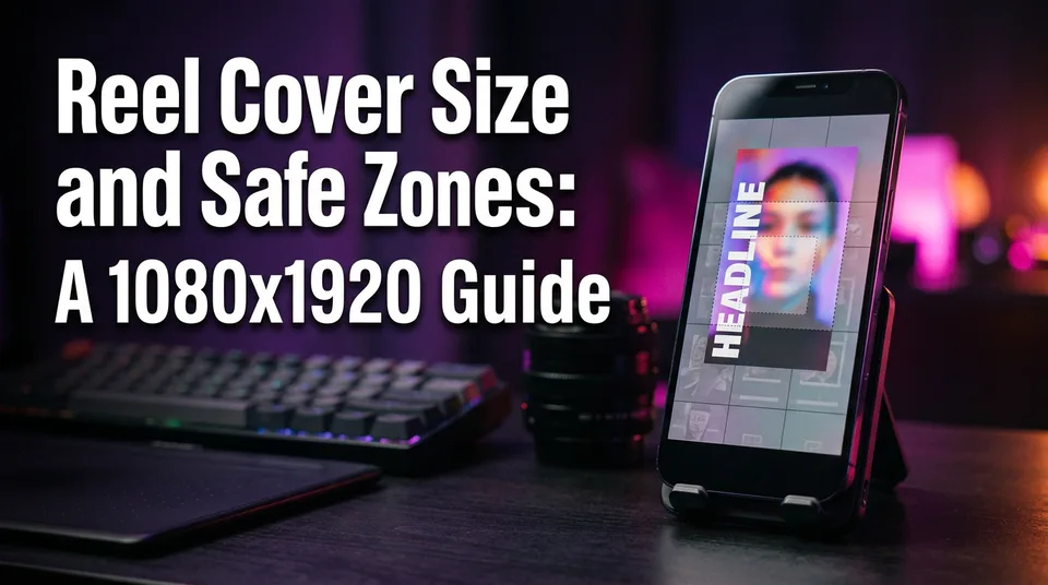 Phone showing a vertical reel cover size preview with a centred safe zone