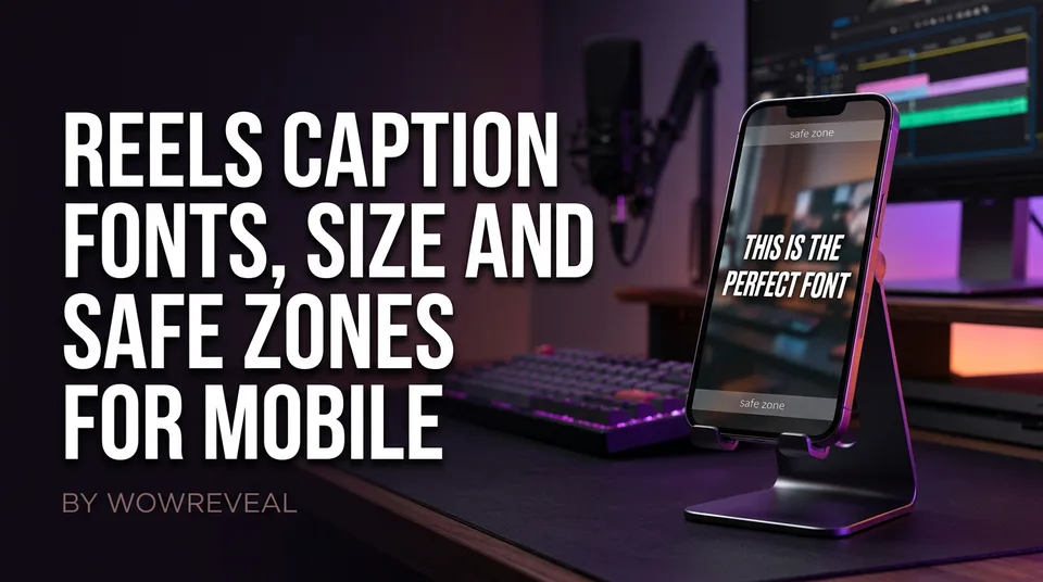 Phone showing Reels caption fonts, size and safe zone guides on a vertical video
