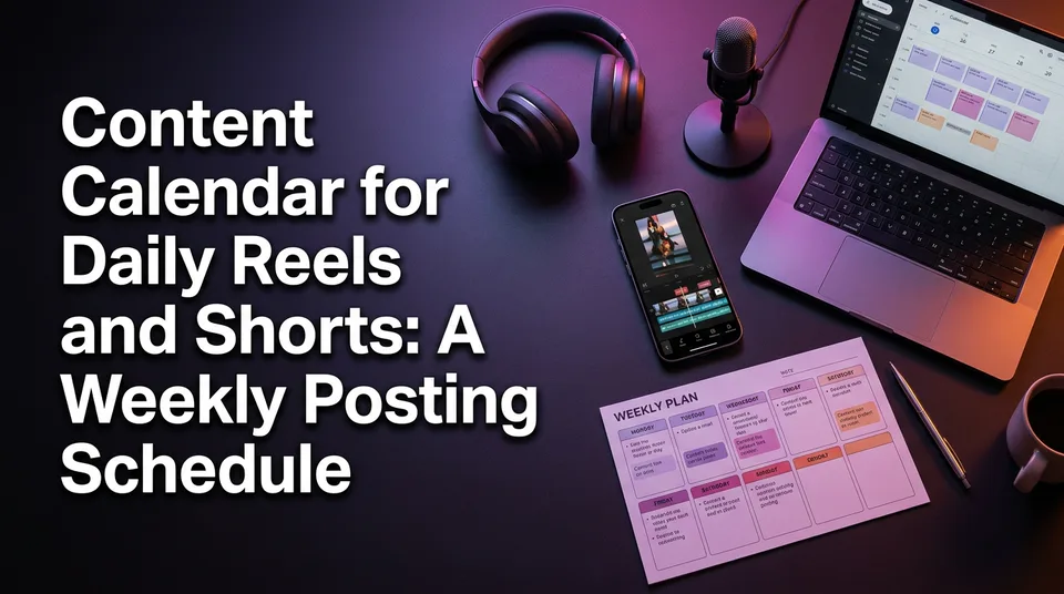 Weekly reels posting schedule planner next to a phone with a vertical video