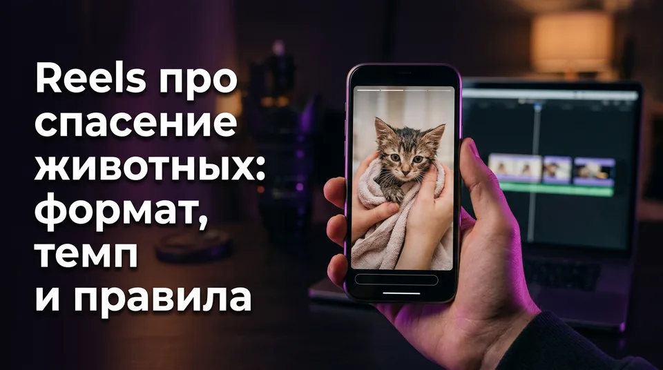 Смартфон с роликом о спасении животного рядом с таймлайном монтажа по ударам