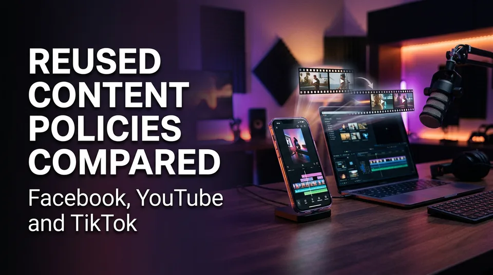 Phone editing timeline illustrating reused content policy on YouTube and Facebook