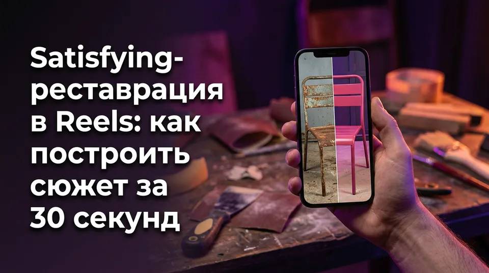 Телефон с вертикальным роликом: satisfying реставрация Reels, кадр «до» и «после»