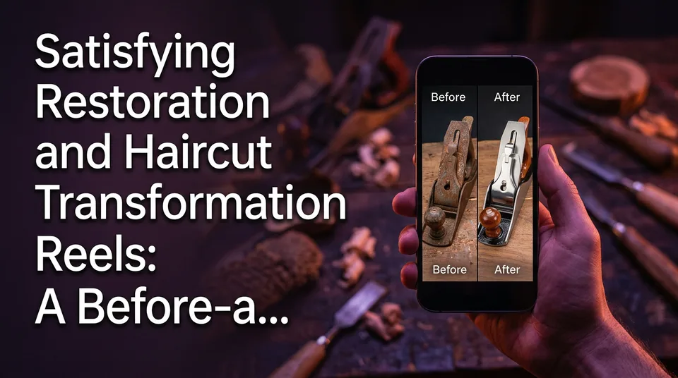 Phone showing a before-and-after clip of satisfying restoration videos on a workshop bench