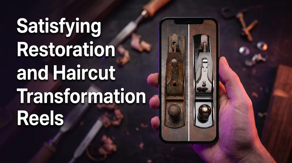 Phone showing a before-and-after clip of satisfying restoration videos on a workshop bench