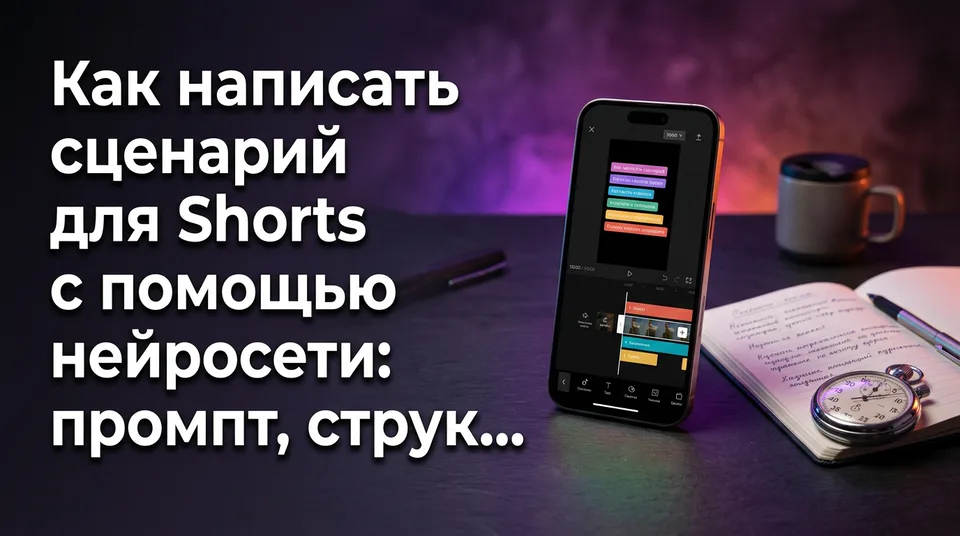 Смартфон с вертикальным видео и блокнот: сценарий для Shorts, написанный нейросетью