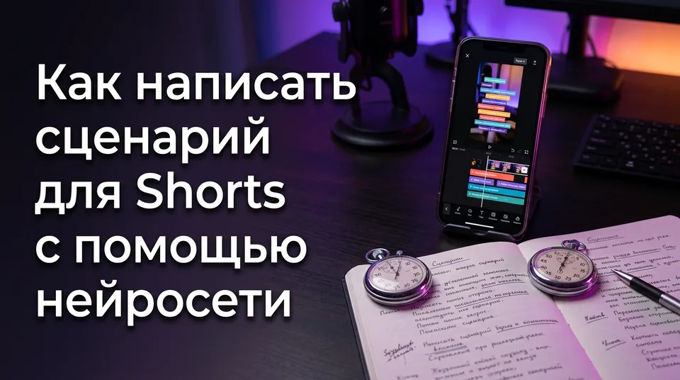 Смартфон с вертикальным видео и блокнот: сценарий для Shorts, написанный нейросетью