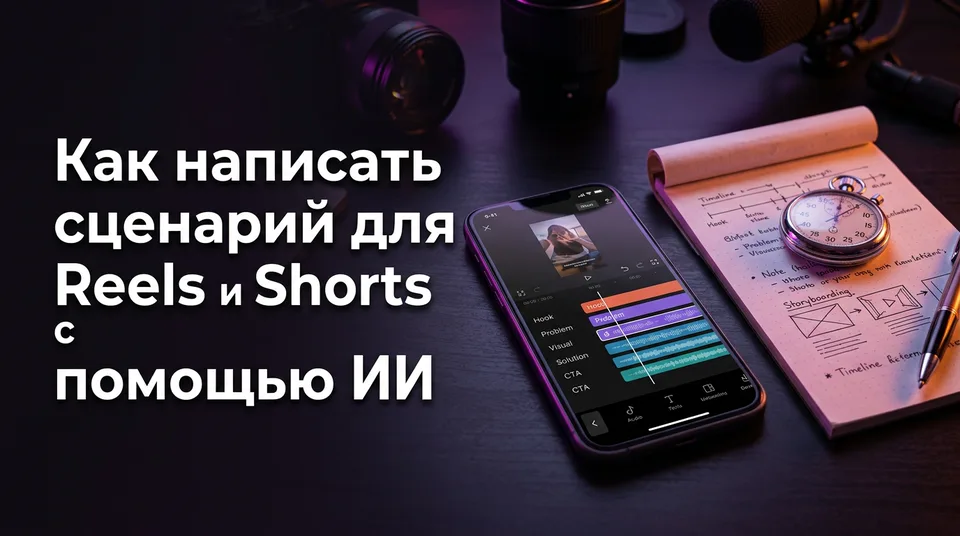 Телефон и блокнот с ИИ-сценарием для шортс, разбитым на части по секундам