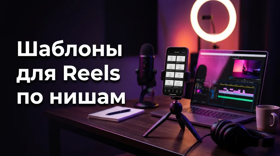 Телефон со сторибордом 9:16 для шаблонов Reels по нишам на столе автора