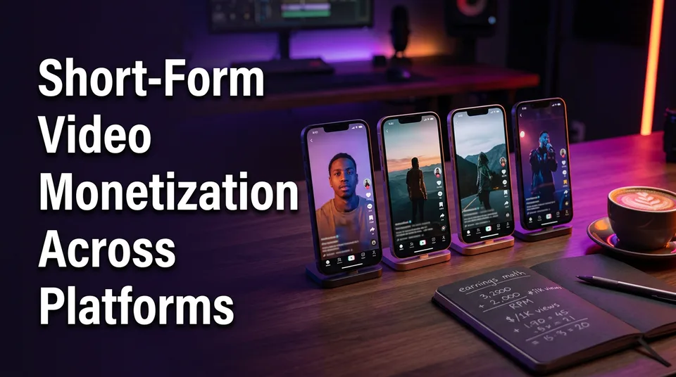 Four phones showing vertical videos, comparing short form video monetization across platforms