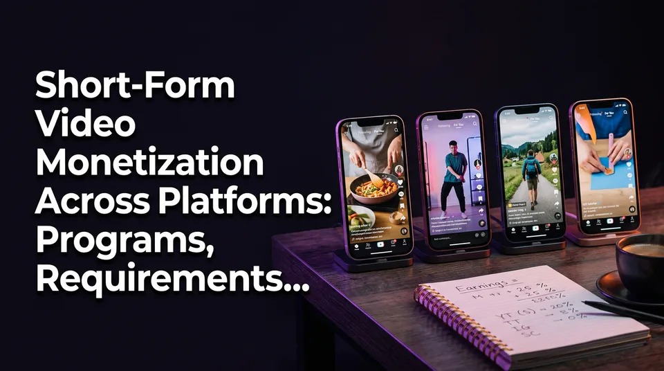 Four phones showing vertical videos, comparing short form video monetization across platforms