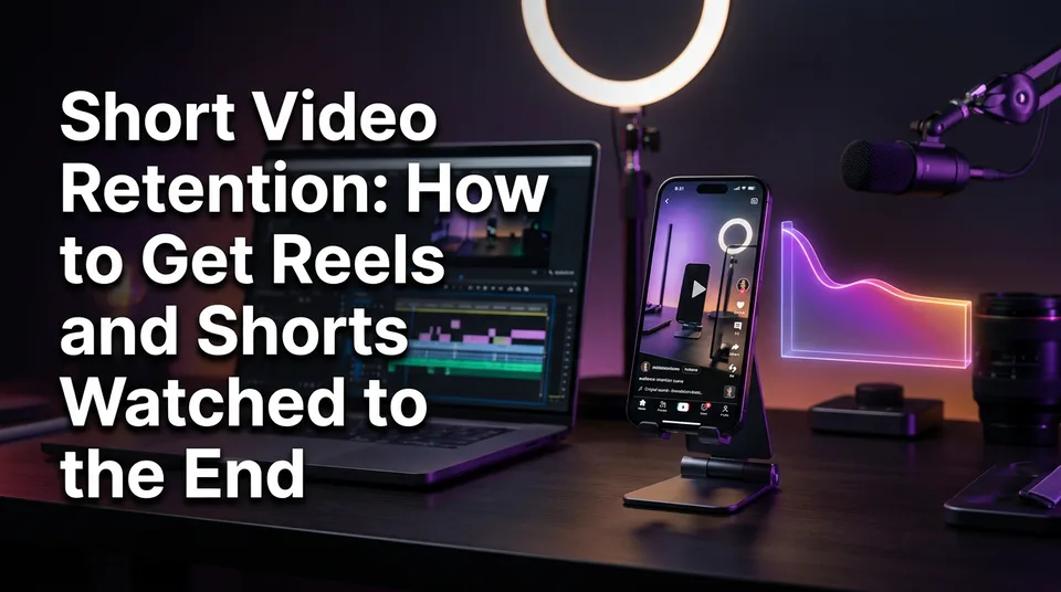 Phone with vertical video and retention curve graph illustrating short video retention