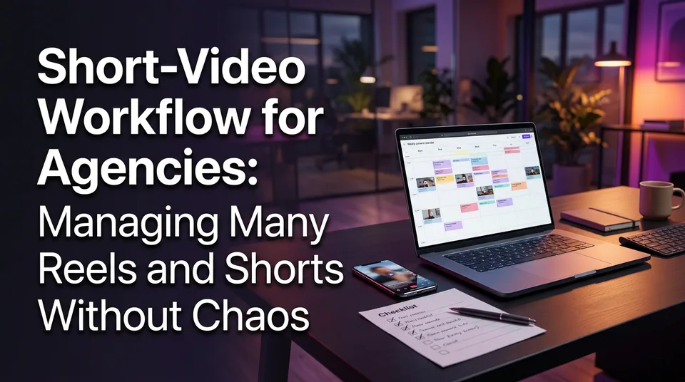 Agency desk with weekly calendar and vertical video preview illustrating a short video workflow for agencies