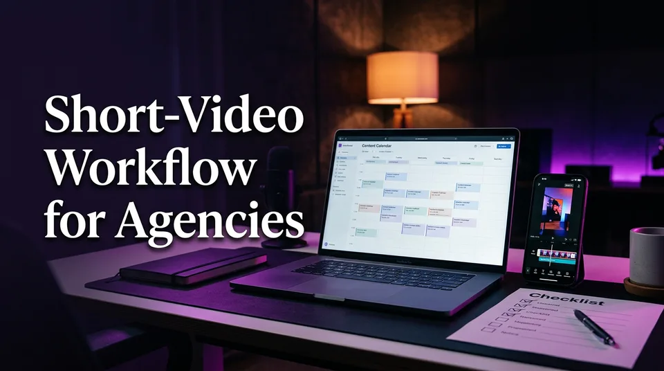 Agency desk with weekly calendar and vertical video preview illustrating a short video workflow for agencies