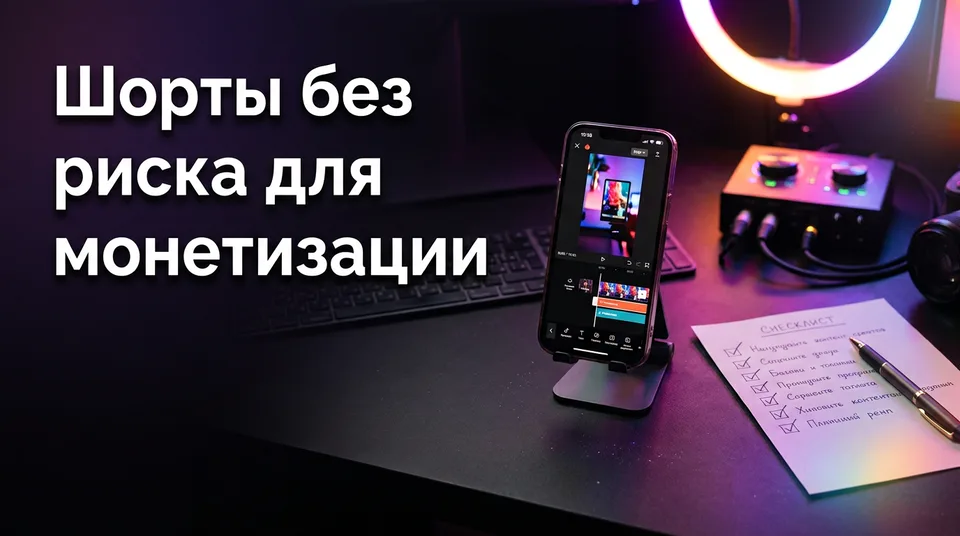 Рабочий стол автора: телефон и чек-лист перед публикацией шортов для монетизации