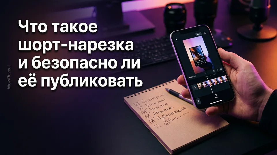 Телефон с таймлайном вертикальной нарезки рядом с чек-листом безопасности