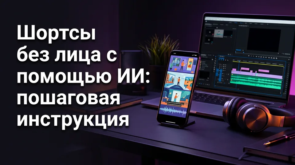 Телефон с вертикальным видео без лица, сделанным с помощью ИИ, рядом с таймлайном монтажа