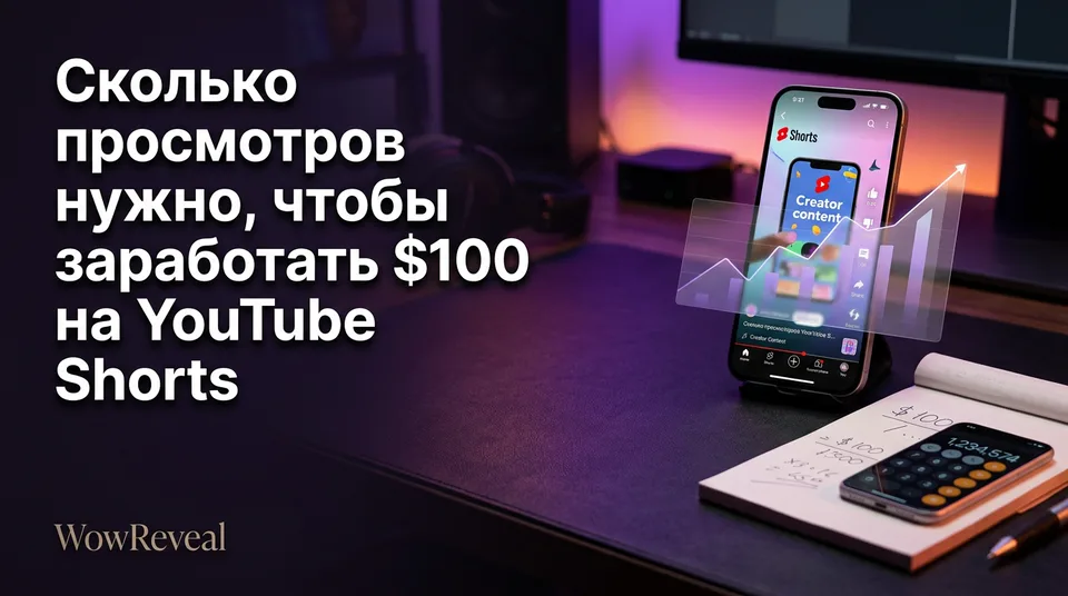 Телефон с аналитикой вертикального видео и калькулятор: сколько просмотров нужно для $100 на YouTube Shorts