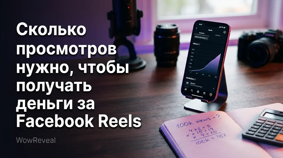 Телефон с аналитикой Reels рядом с калькулятором: сколько просмотров нужно, чтобы получать деньги за Facebook Reels