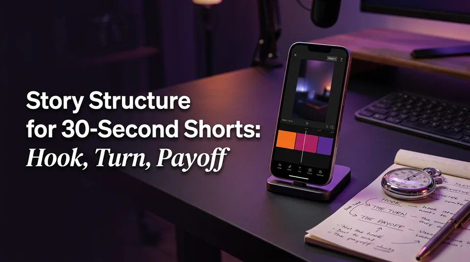 Phone with a three-beat timeline illustrating story structure for short videos