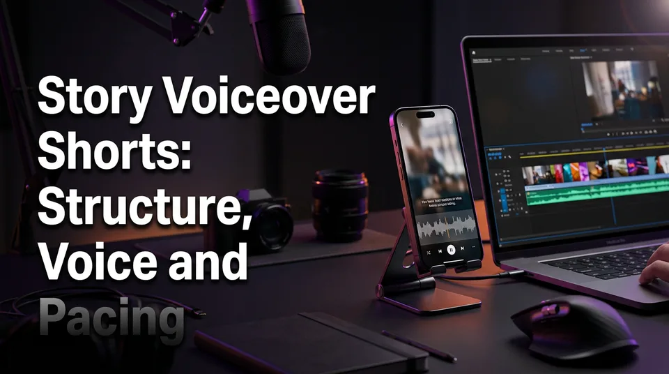 Phone and editing timeline showing story voiceover shorts synced to narration