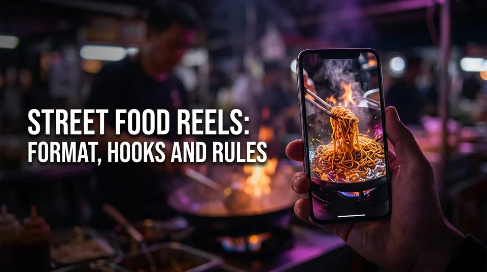 Phone filming a sizzling wok for street food reels at a night market
