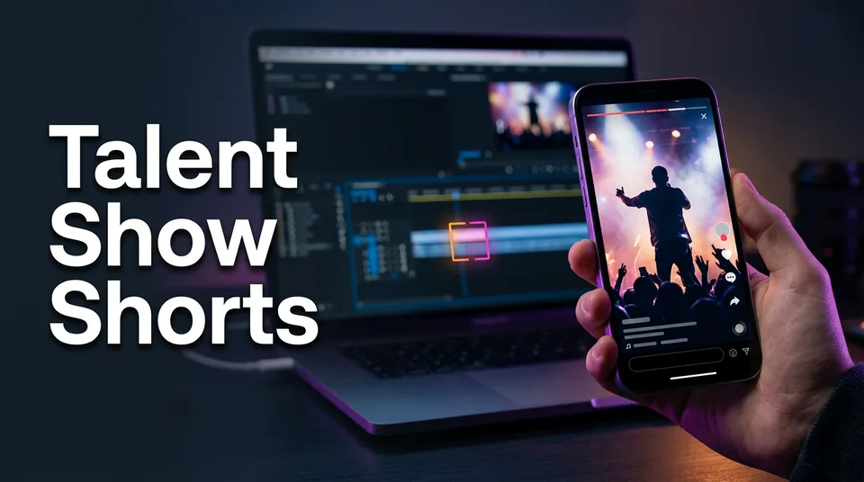 Phone showing a vertical talent show Short with an editing timeline behind it