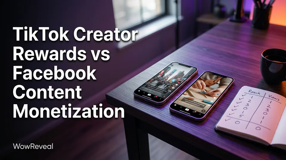 Two phones showing vertical videos for a TikTok Creator Rewards vs Facebook content monetization test