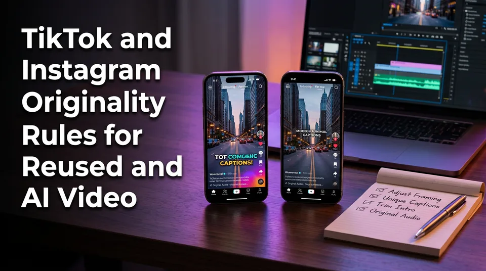 Two phones showing one video adapted for TikTok and Instagram originality rules