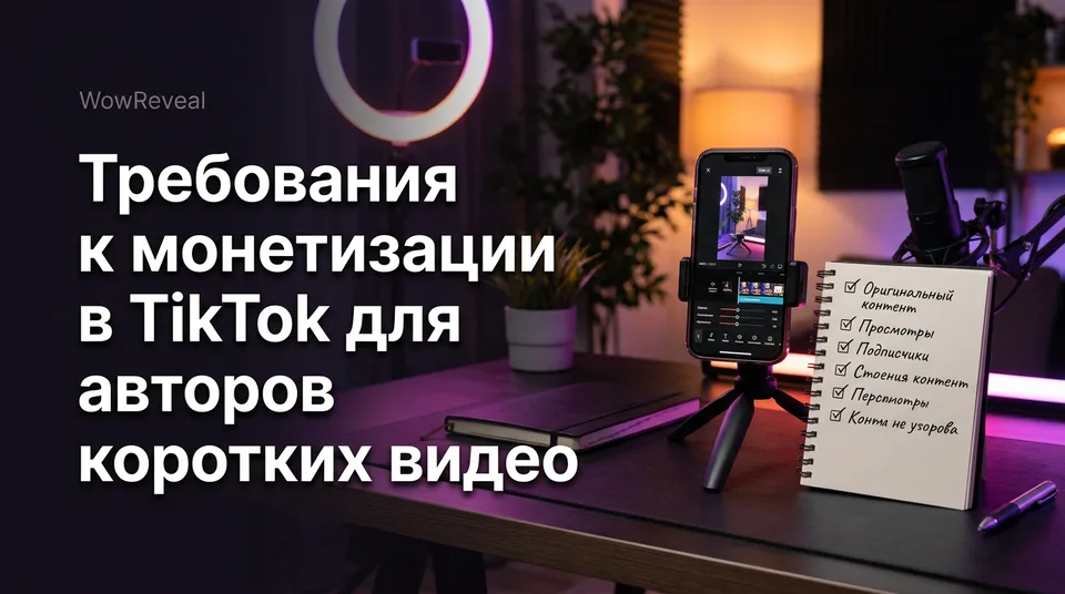 Телефон с вертикальным видео и чек-листом — требования к монетизации TikTok