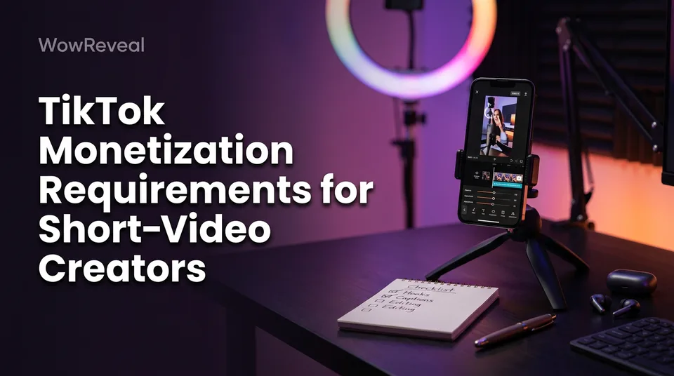 Phone with a vertical video and checklist illustrating TikTok monetization requirements