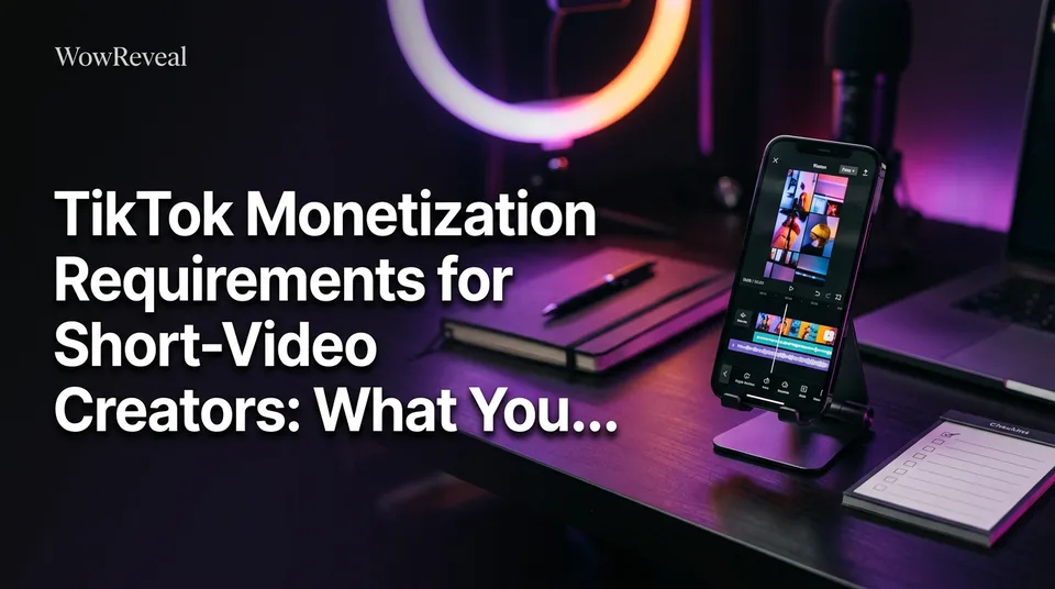 Phone with a vertical video and checklist illustrating TikTok monetization requirements