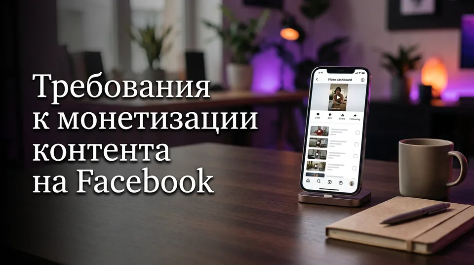 Телефон на столе с чек-листом требований к монетизации контента на Facebook