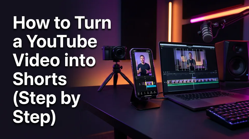 Phone and laptop showing how to turn a YouTube video into Shorts